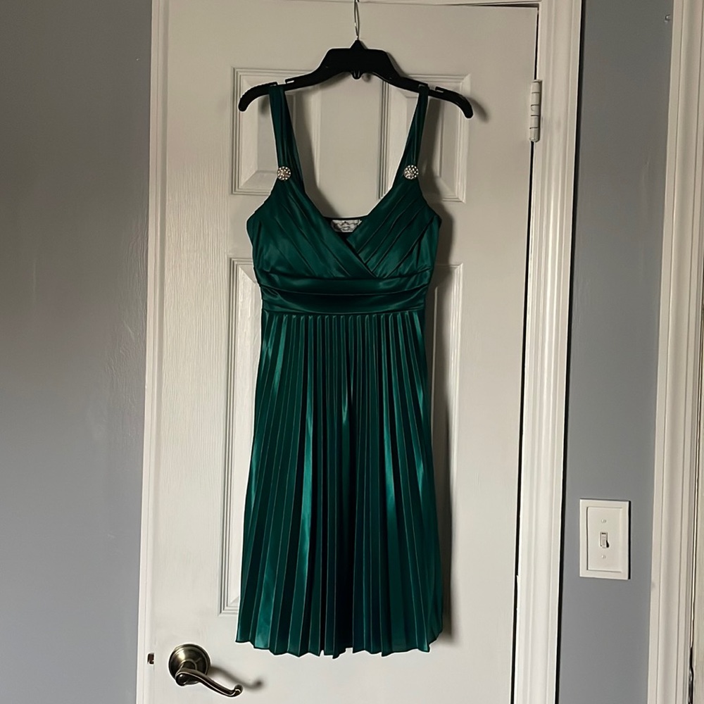 Trixxi emerald green pleated cocktail dress with embellishment on straps